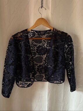 Navy Lace Cropped Open-Front Bolero Jacket - Women
